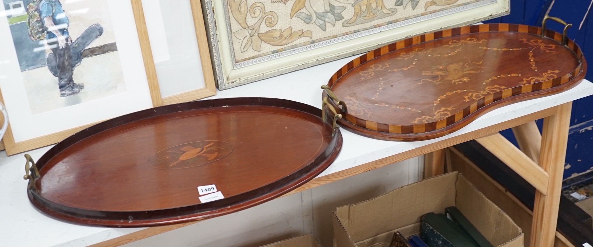 Two early 20th century mahogany and marquetry trays